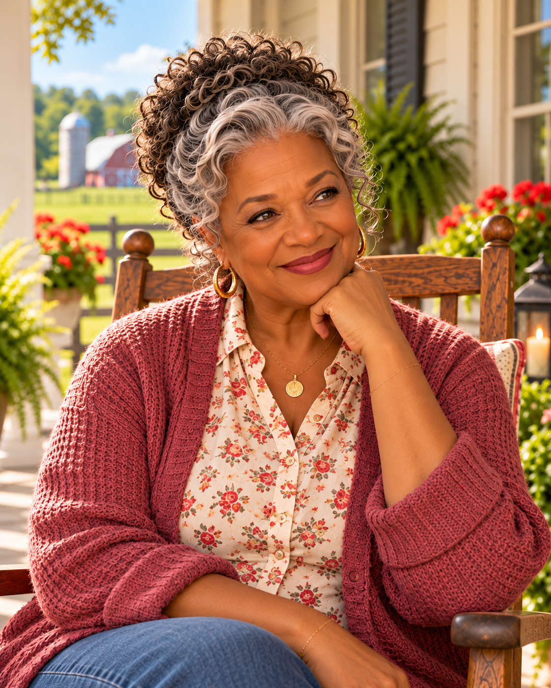 Beulah, the Farm's beloved grandmother storyteller, seated on the farmhouse porch